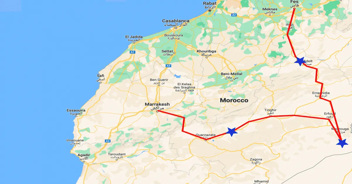 Detailed Morocco map showing main tourist routes from Marrakech to Fes