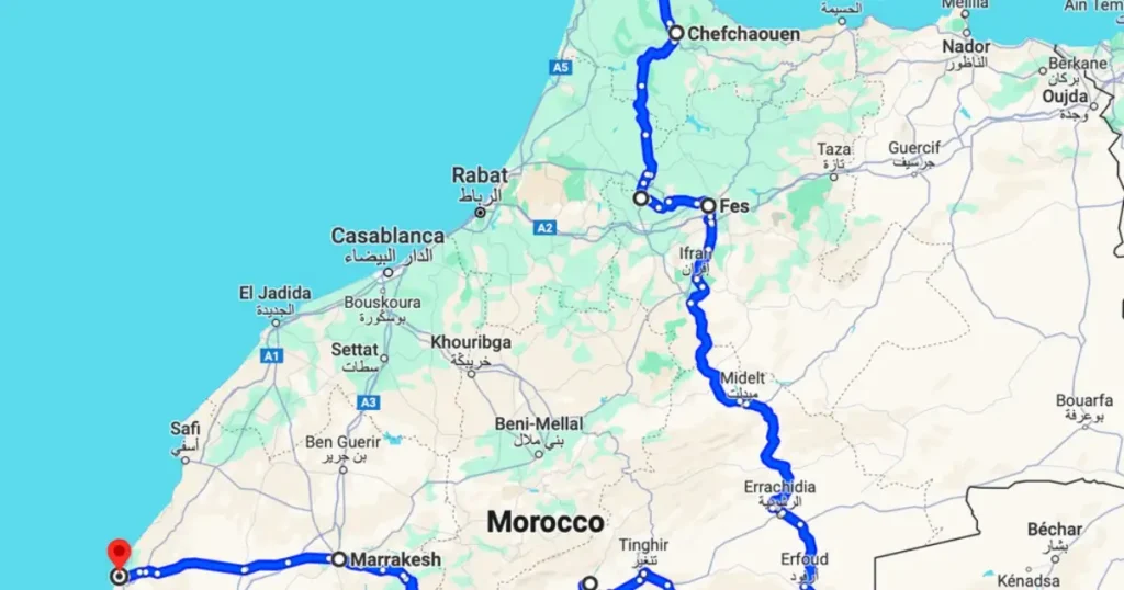 Visual map showing transport routes from Tangier Fes and Tetouan to Chefchaouen Morocco