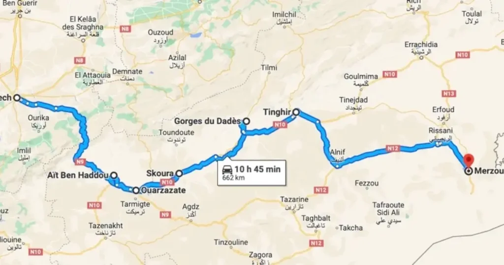 Detailed map showing driving routes from Marrakech and Fes to Merzouga desert in Morocco