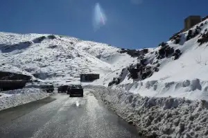 Snow covered mountain road Morocco Middle Atlas winter N8 closed dangerous conditions