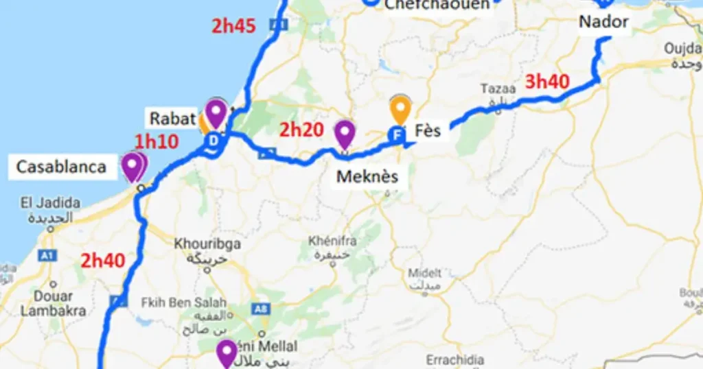 Detailed map showing the driving route from Tangier to Essaouira along Morocco's Atlantic coast with major cities and highways marked