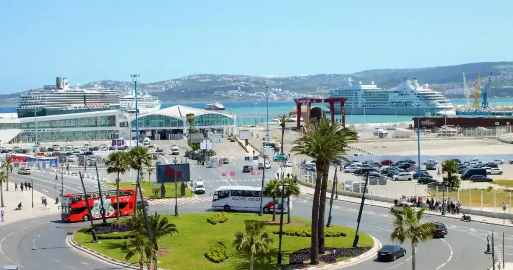 Tangier Med port ferry terminal building with passengers disembarking from Algeciras ferry